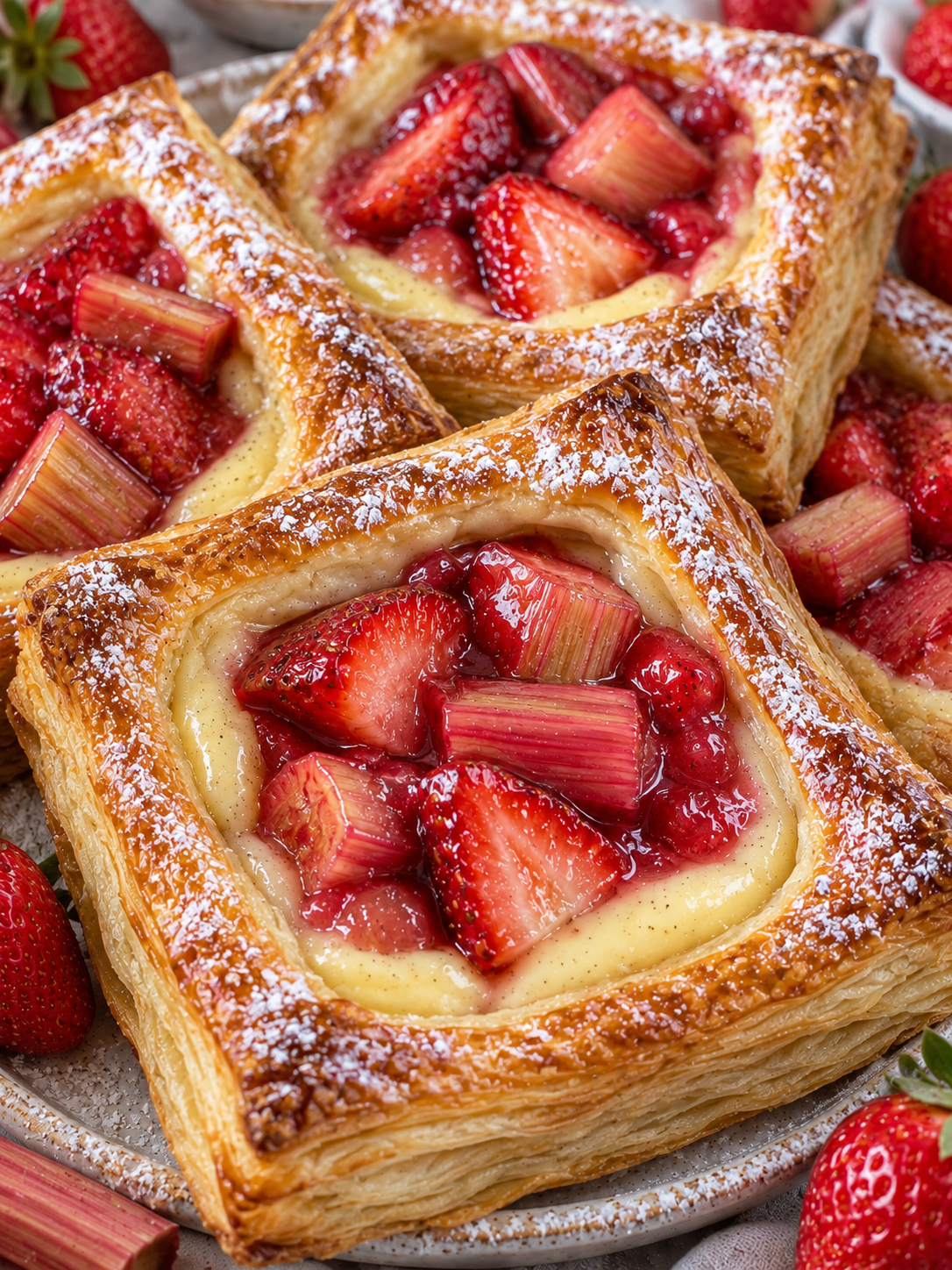 Goldene Blätterteigteilchen mit Erdbeer-Rhabarber-Füllung und Pudding