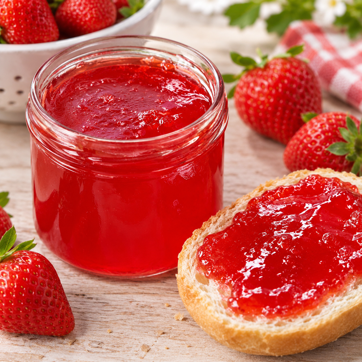 Rubinrotes Erdbeergelee im Glas mit frischen Erdbeeren