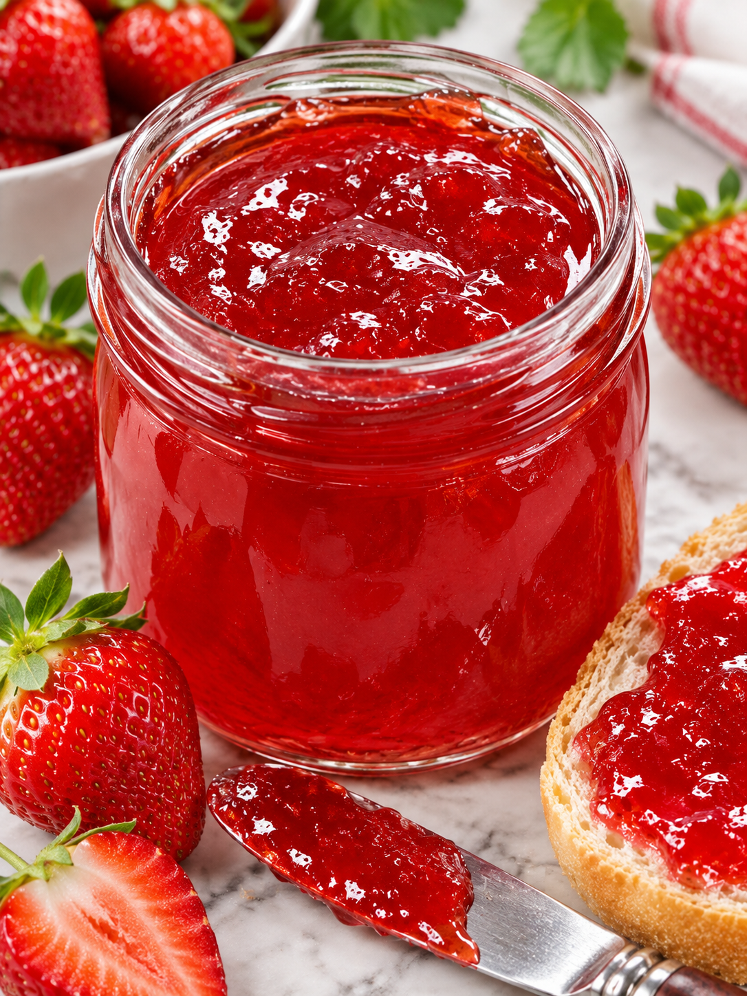Glänzendes Erdbeergelee im Glas mit frischen Erdbeeren