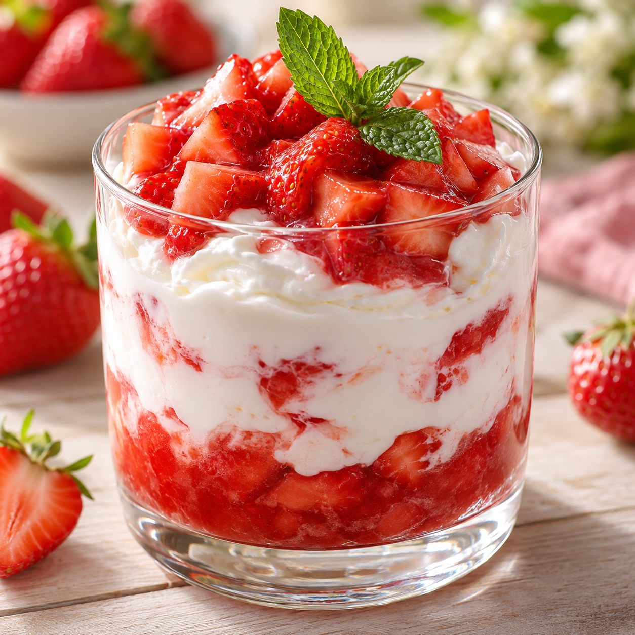 Erdbeerwolke-Dessert im Glas mit Joghurtcreme, Erdbeeren und Minze