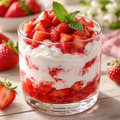 Erdbeerwolke-Dessert im Glas mit Joghurtcreme, Erdbeeren und Minze
