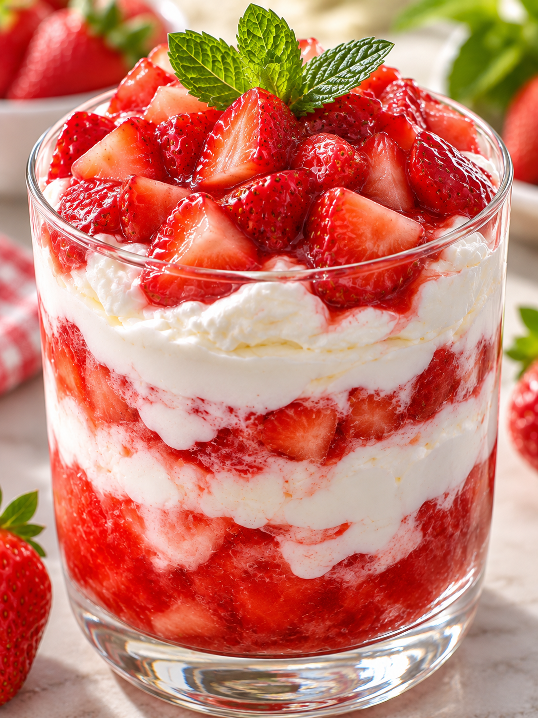 Erdbeerwolke im Glas mit roter Erdbeerschicht und luftiger Creme