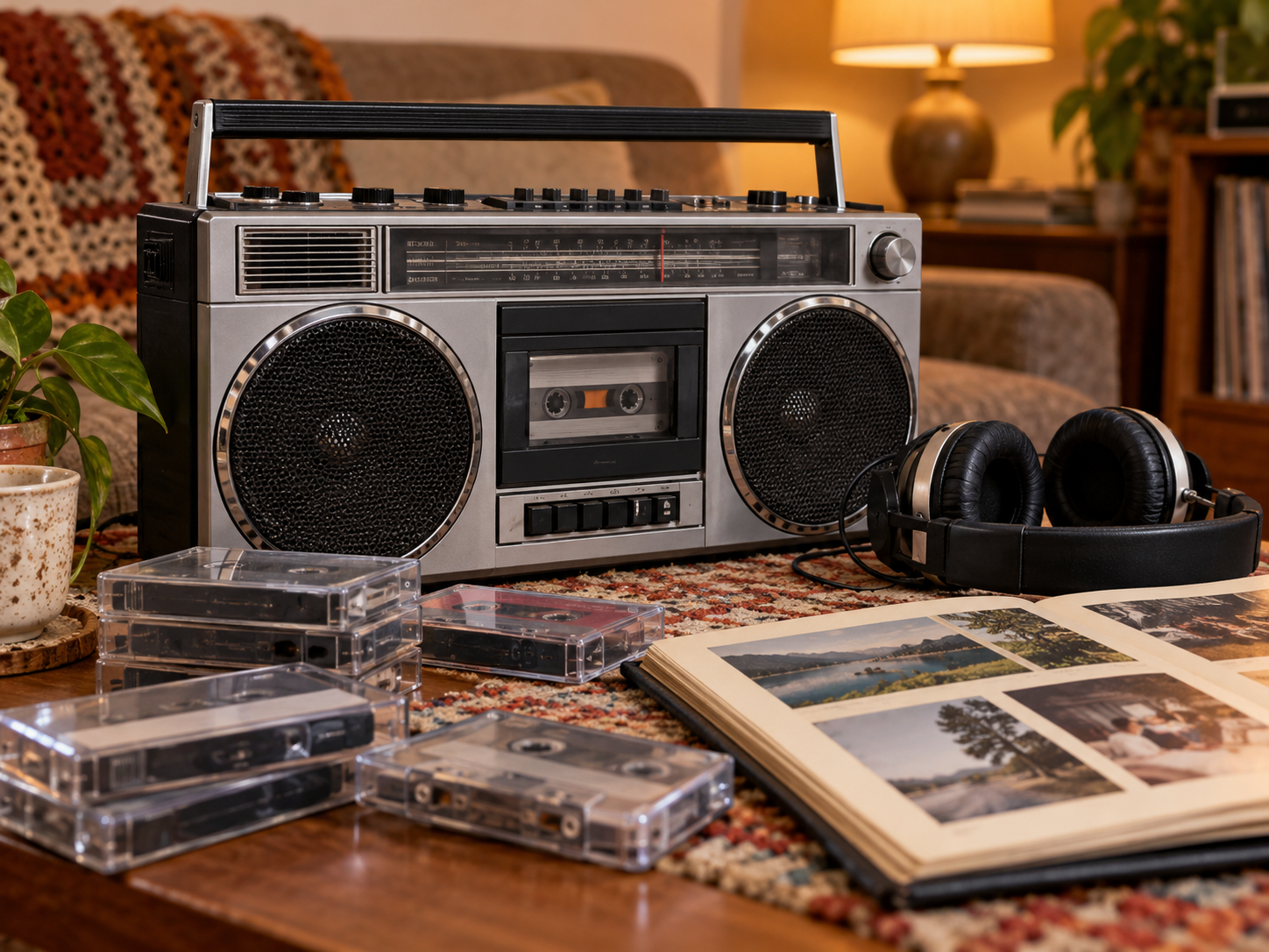 Ein Kassettenradio mit Kassetten und Fotoalbum erinnert an Musik im Alltag der 1980er.