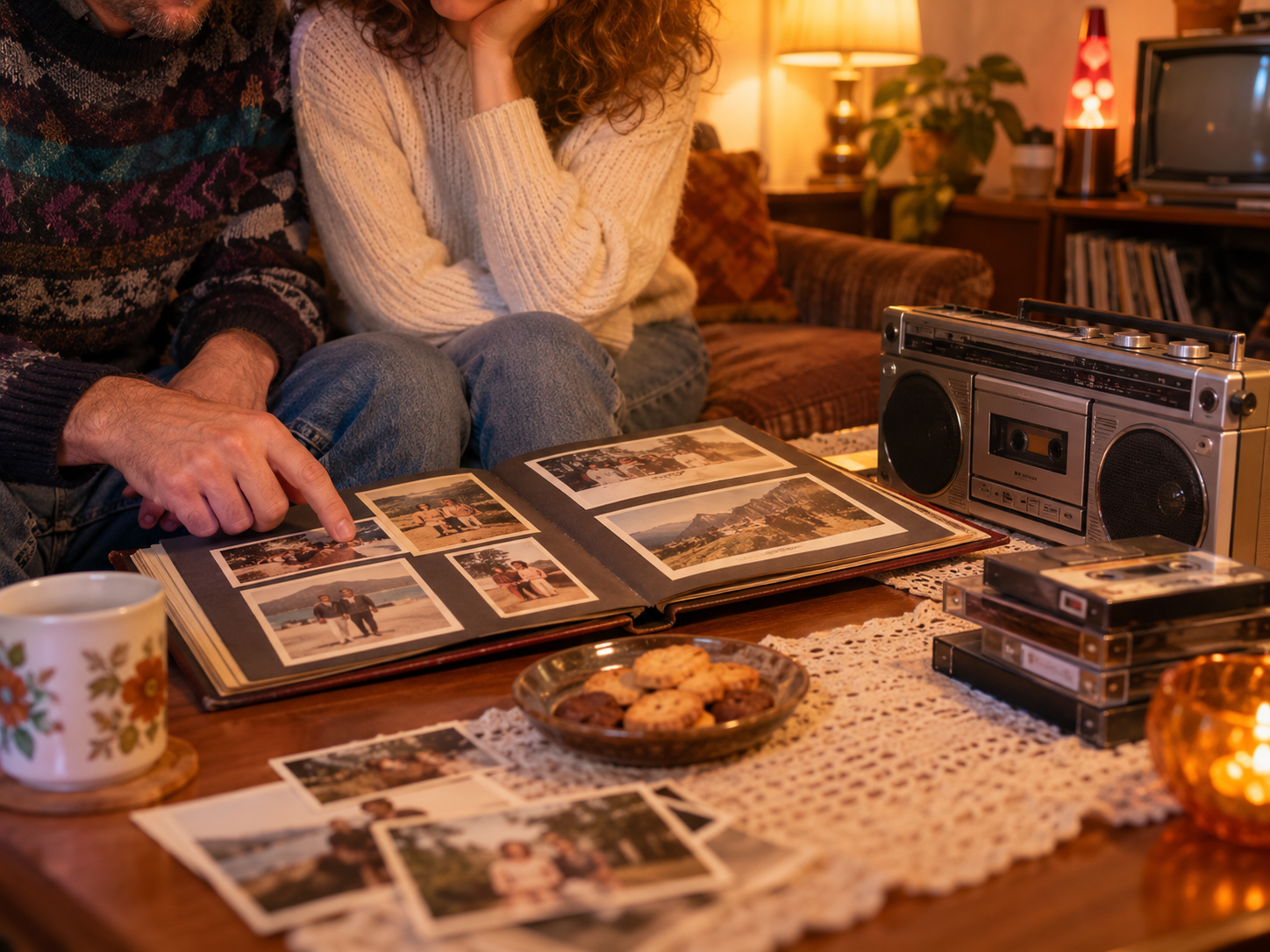 Zwei Menschen betrachten ein Fotoalbum neben einem Kassettenrekorder und erinnern sich an die 1980er.