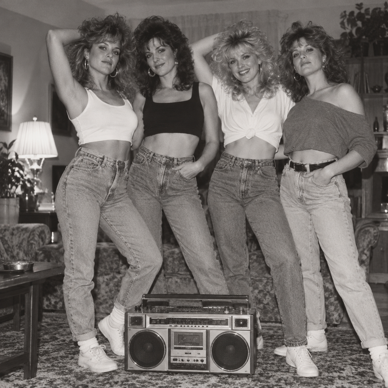 Vier Frauen im 80er-Stil posieren mit einem Kassettenradio in einer nostalgischen Schwarz-Weiß-Szene.