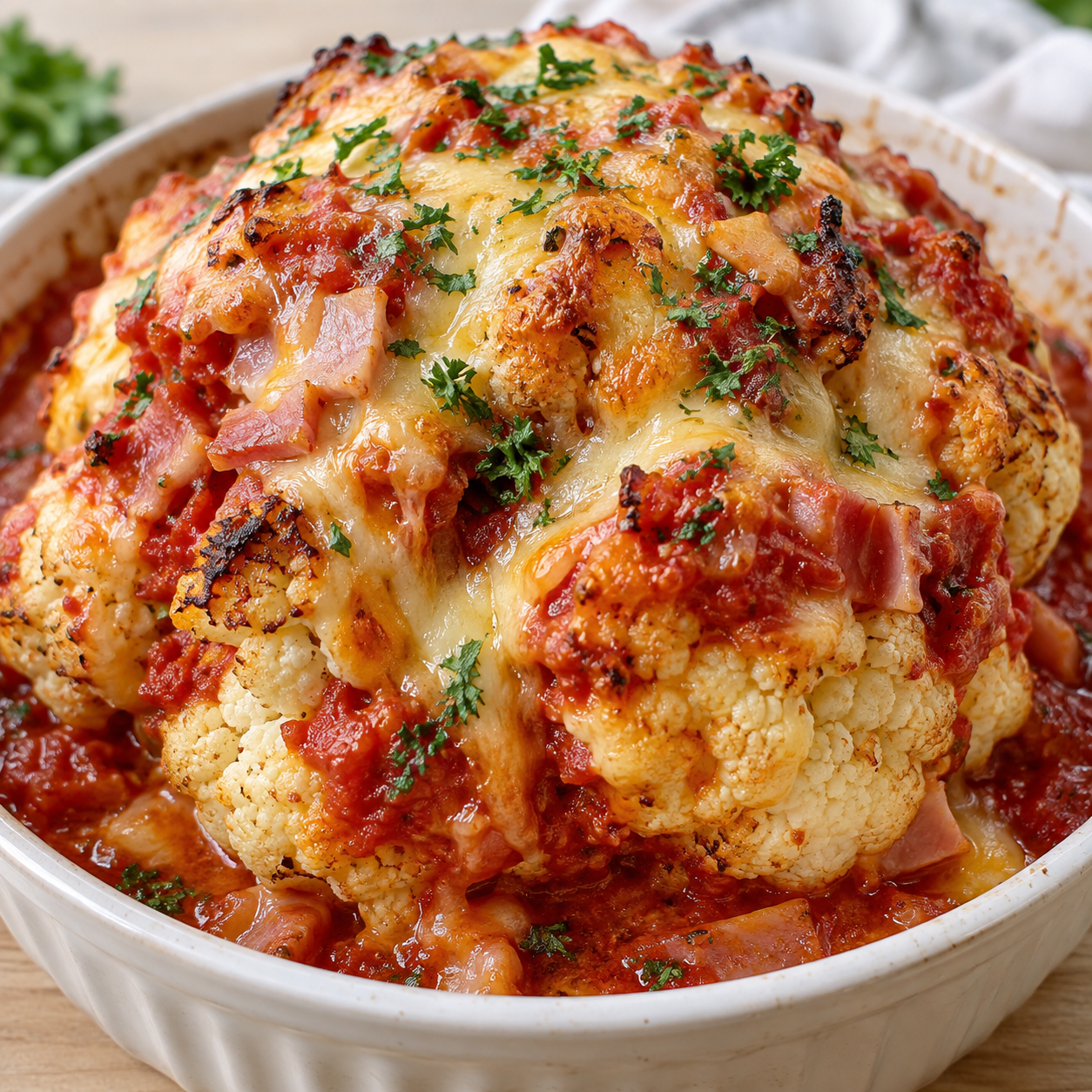 Erröteter Blumenkohl mit Tomatensauce und goldgelbem Käse