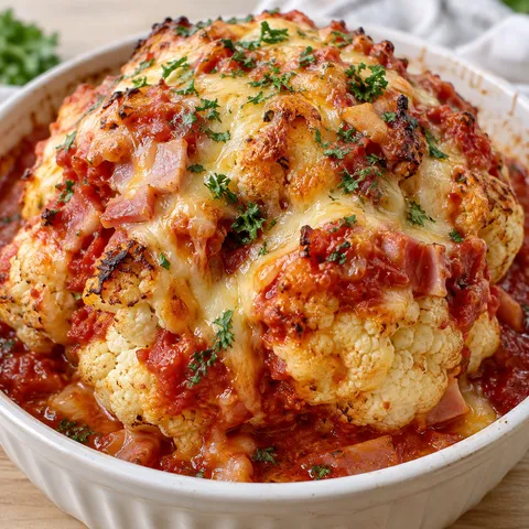 Erröteter Blumenkohl mit Tomatensauce und goldgelbem Käse