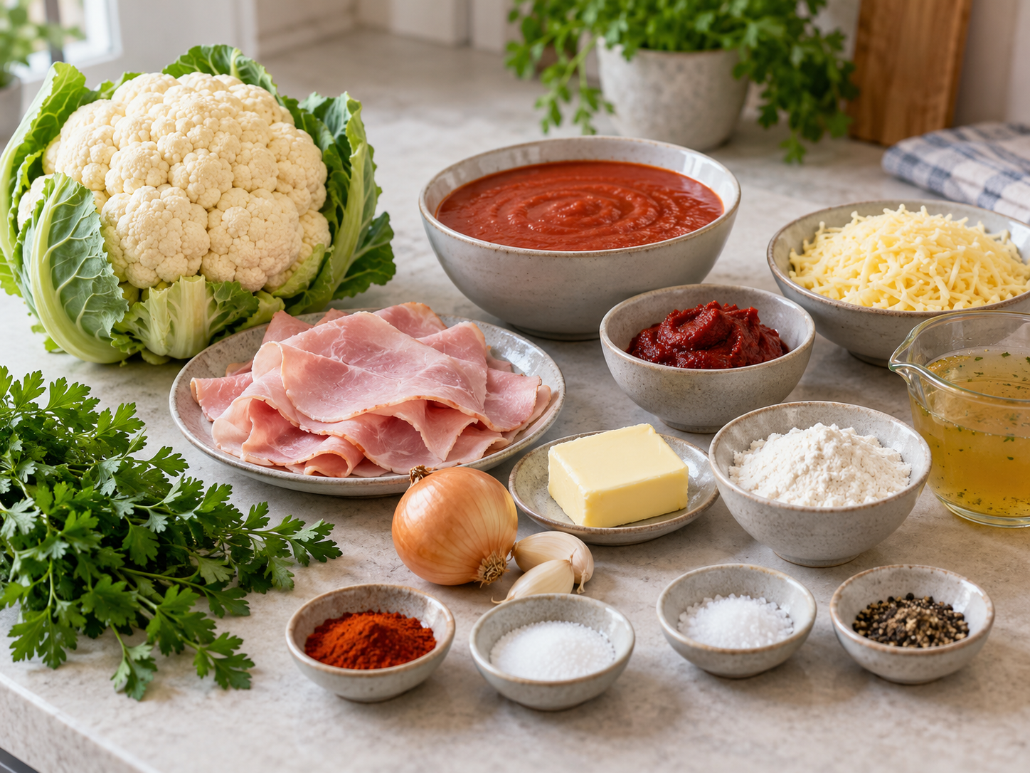 Zutaten für erröteten Blumenkohl mit Tomatensauce und Käse