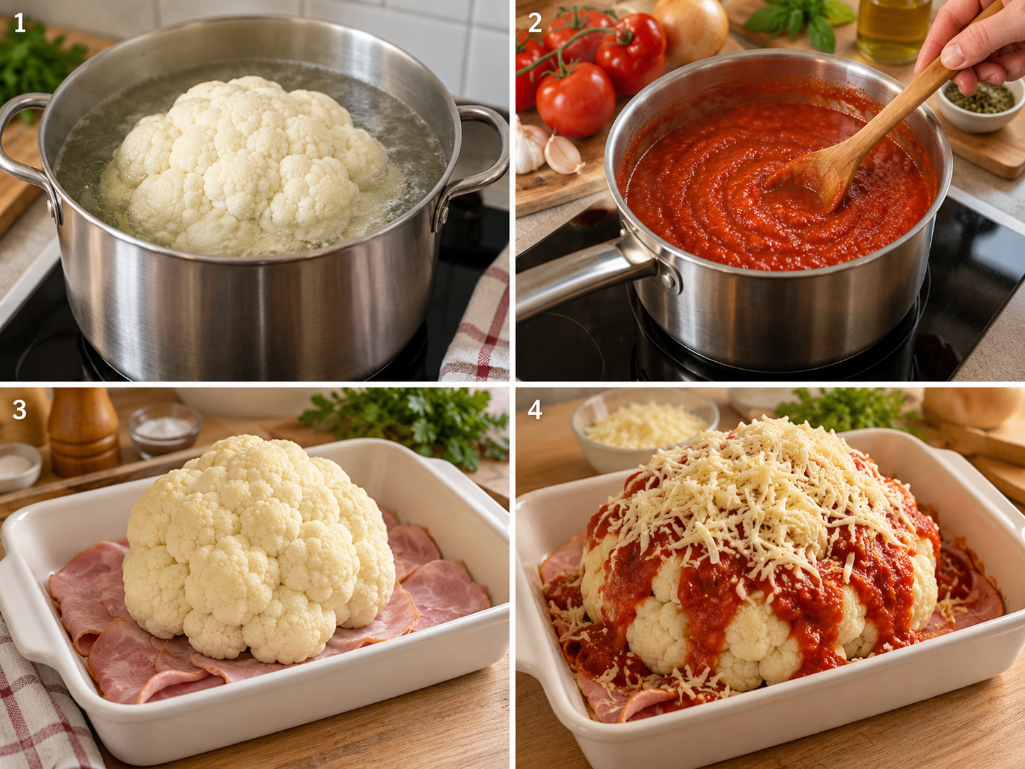 Vier Schritte für Blumenkohl mit Tomatensauce, Schinken und Käse