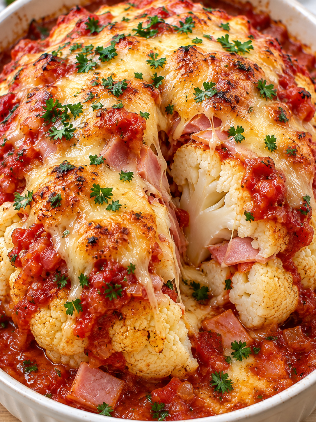 Ganzer überbackener Blumenkohl mit roter Tomatensauce und Käse