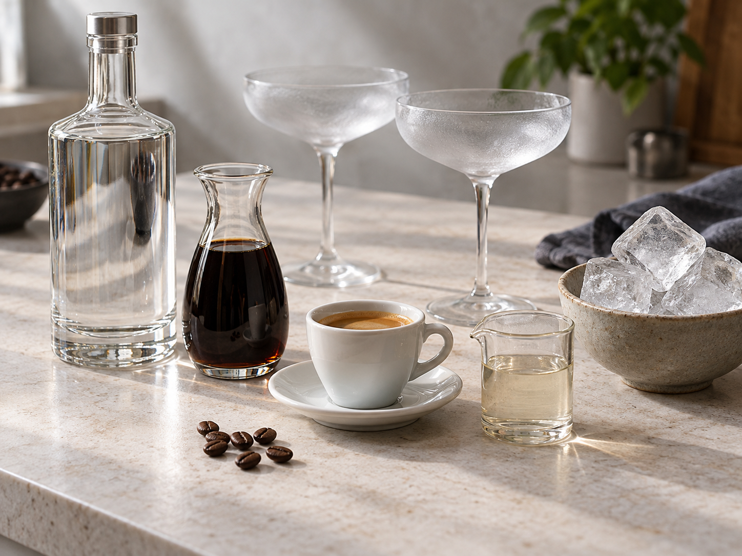 Zutaten für Espresso Martini mit Espresso, Vodka, Kaffeelikör und Eis