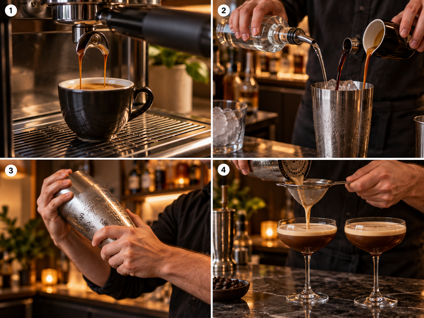 Vier Schritte für Espresso Martini vom Espresso bis zum Abseihen