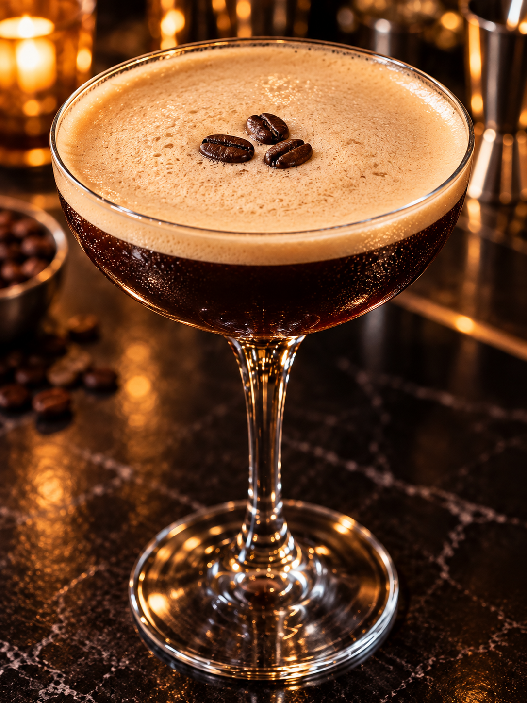 Espresso Martini im Coupetteglas mit Crema und drei Kaffeebohnen