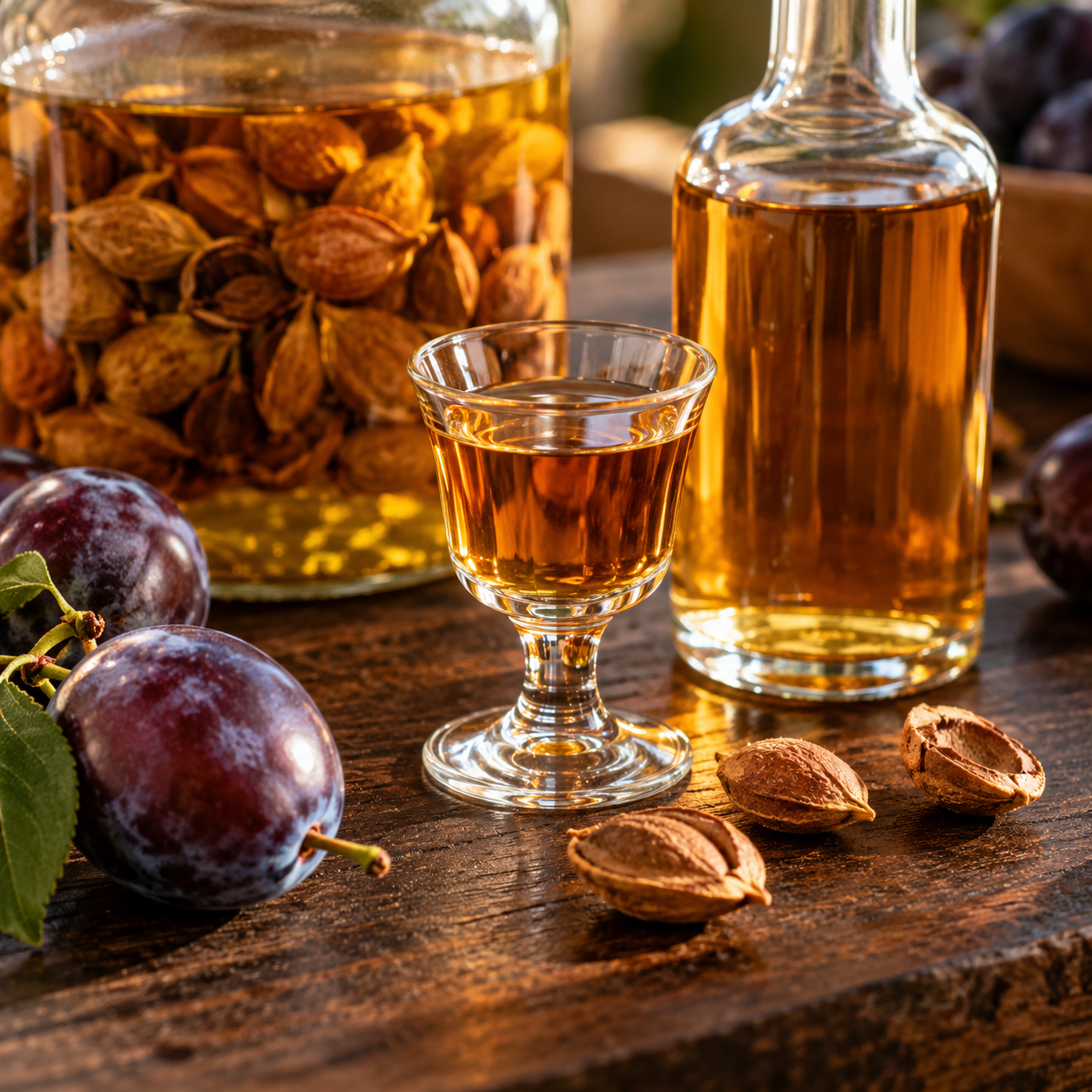 Bernsteinfarbener Zwetschgenkernlikör im Glas mit Zwetschgen und Ansatzglas