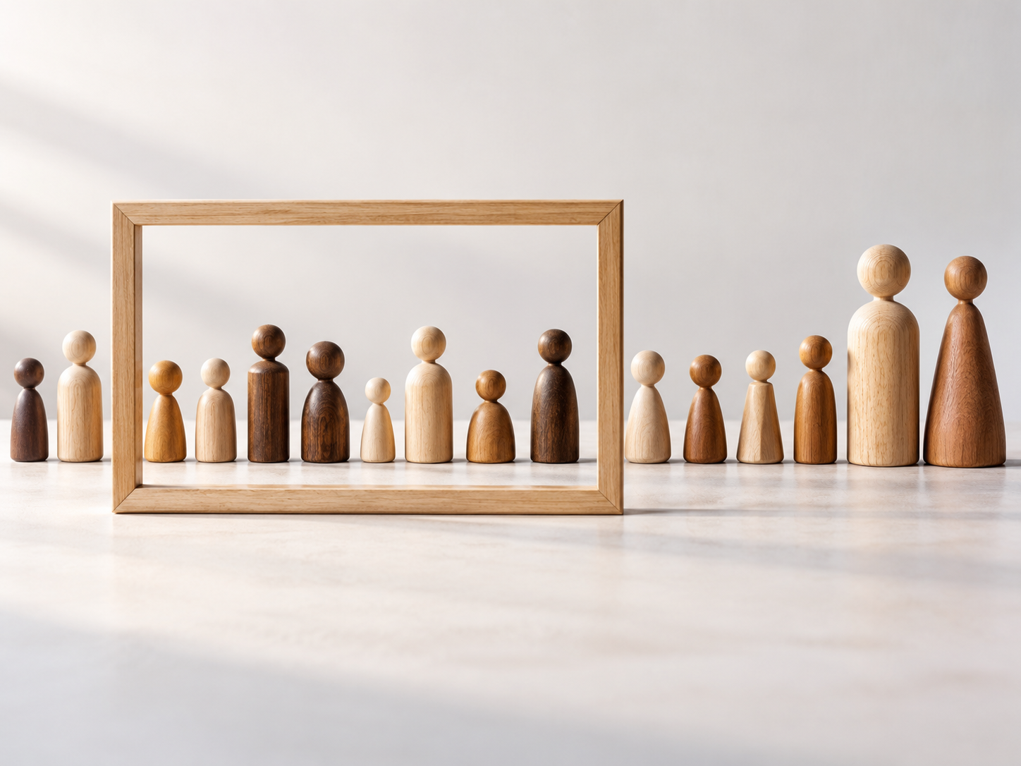 Symbolische Holzfigurenreihe mit dreizehn kleinen und zwei großen Figuren sowie einem begrenzenden Bildrahmen.