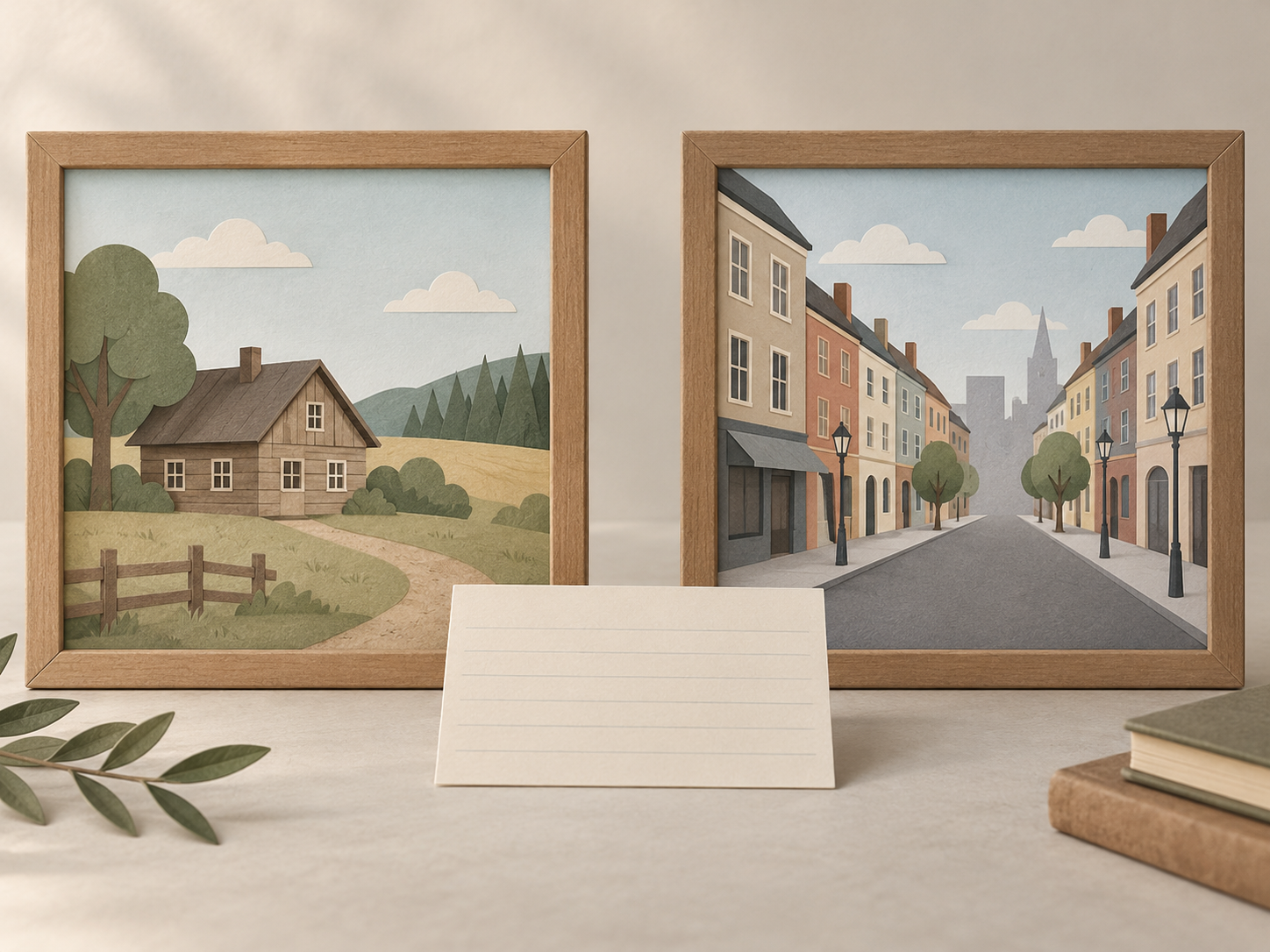 Symbolische Illustration einer ländlichen und einer städtischen Kulisse zur Frage nach dem Aufnahmeort.