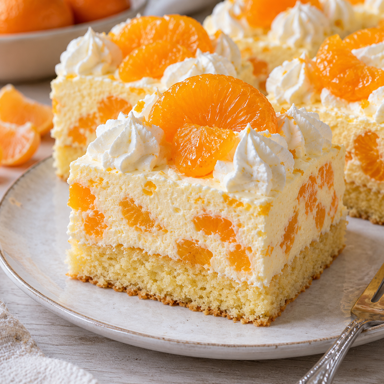 Fantakuchen mit Paradiescreme, Mandarinen und Sahnetuffs
