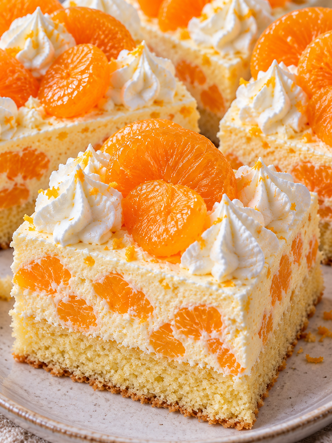 Mandarinen-Fantakuchen mit hoher Creme und Sahnetuffs