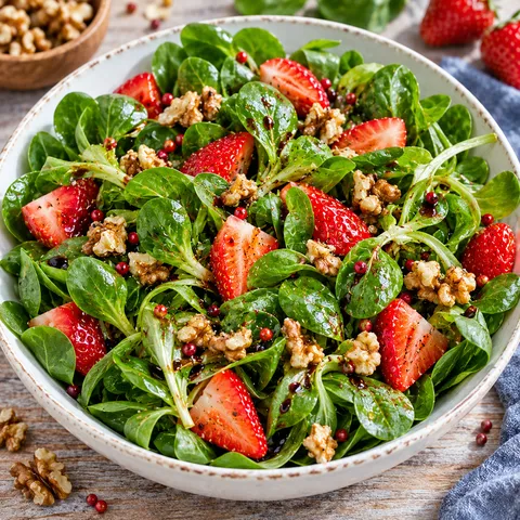 Feldsalat mit Erdbeeren, Walnüssen und Balsamico-Dressing