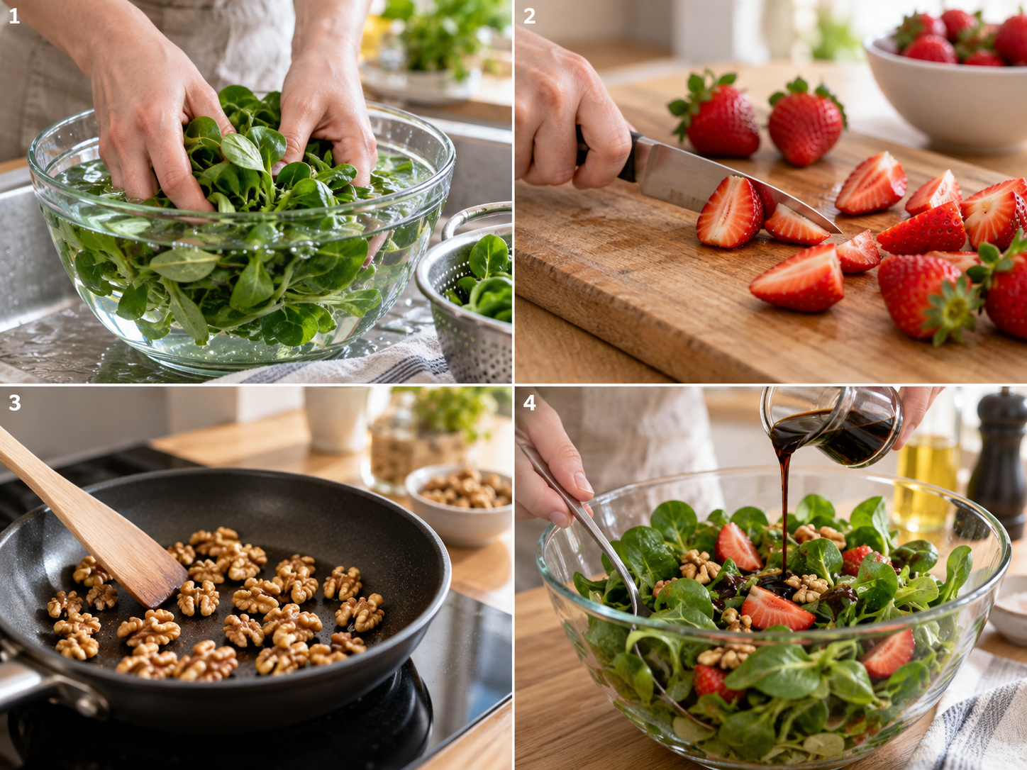 Vier Schritte für Feldsalat mit Erdbeeren und Walnüssen