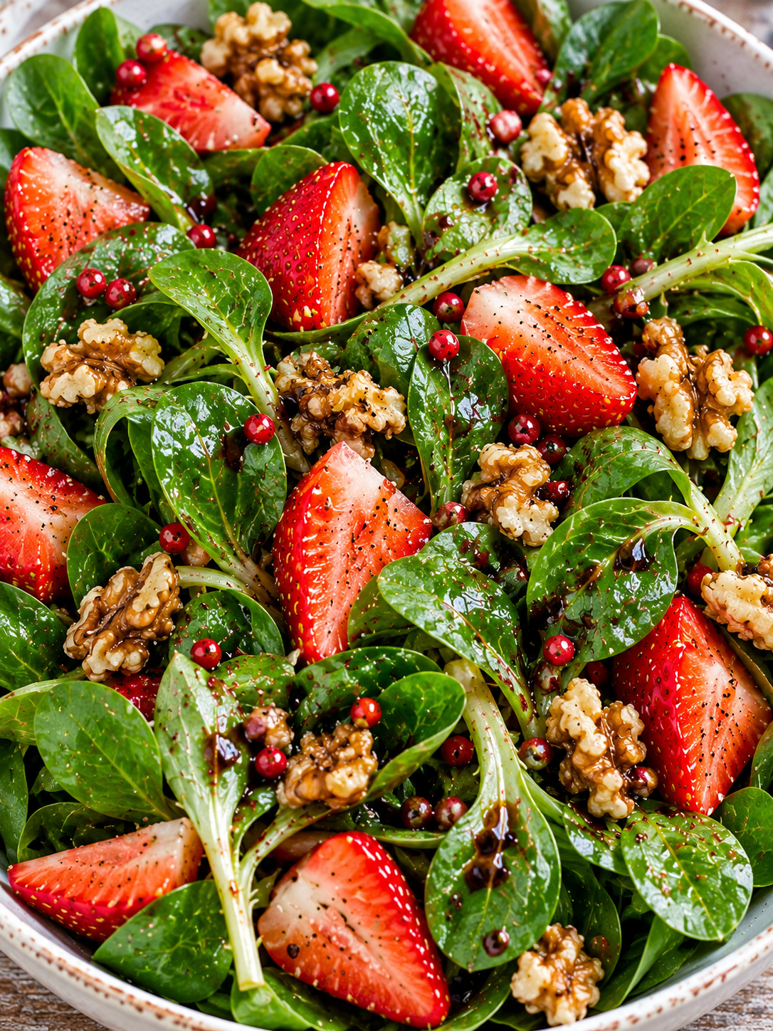 Feldsalat mit Erdbeeren und Walnüssen in einer weißen Schale