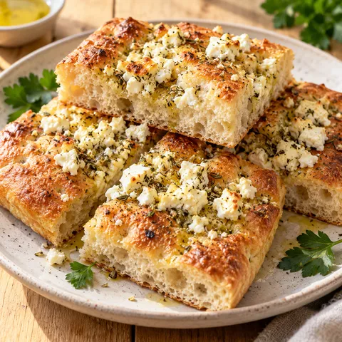 Goldbraunes Feta-Fladenbrot mit Kräutern in Stücke geschnitten