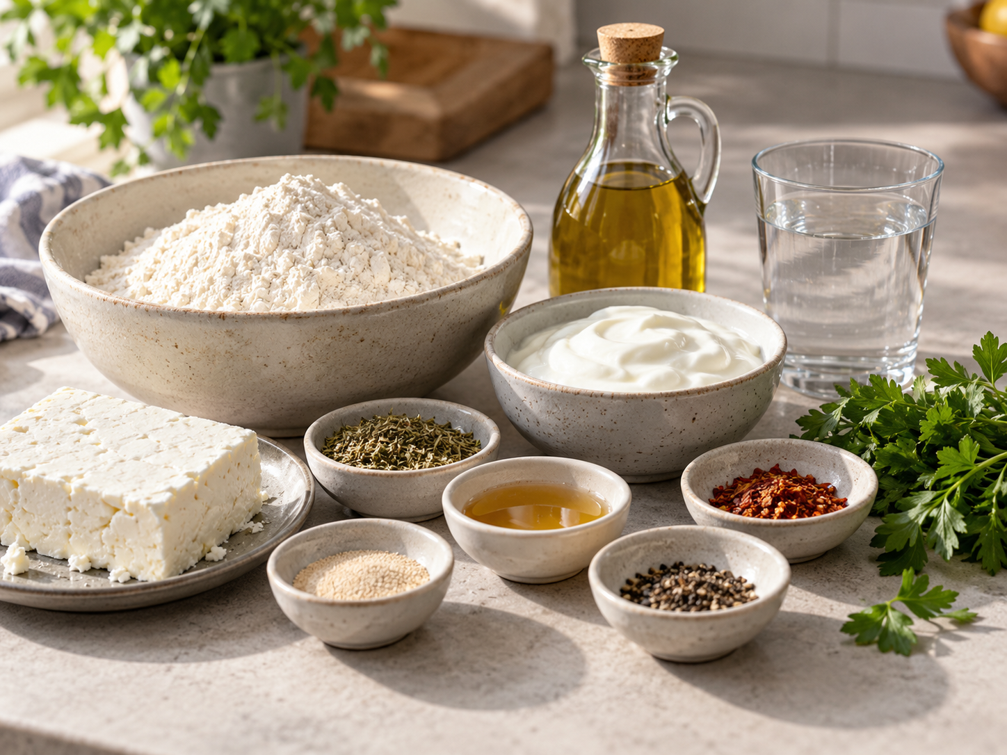 Zutaten für Feta-Fladenbrot mit Mehl, Feta, Joghurt und Kräutern