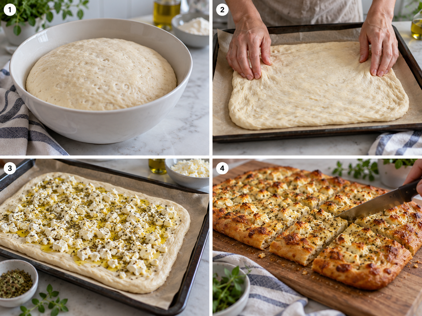 Vier Schritte für Feta-Fladenbrot vom Teig bis zum gebackenen Brot