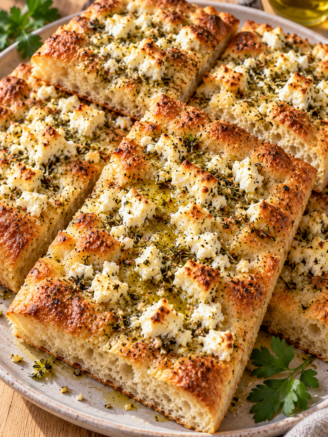 Feta-Fladenbrot mit goldbraunen Rändern, Feta und Kräutern