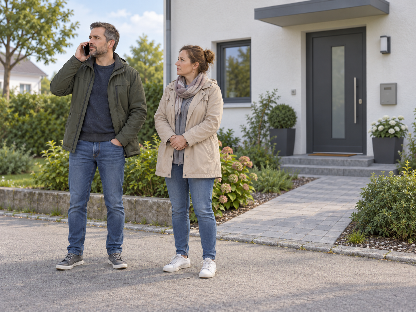 Zwei Erwachsene vor einem Wohnhaus; eine Person setzt von draußen einen Notruf ab.