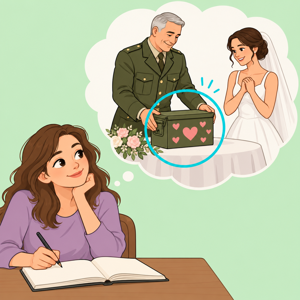 Eine schreibende Person entwirft eine fiktive Hochzeitsszene mit einem Vater und seiner herzverzierten Munitionskiste.