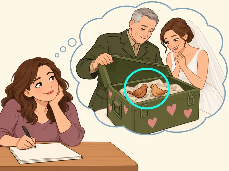Die ausformulierte Szene zeigt Vater und Tochter beim Öffnen der Kiste mit zwei geschnitzten Holzvögeln.
