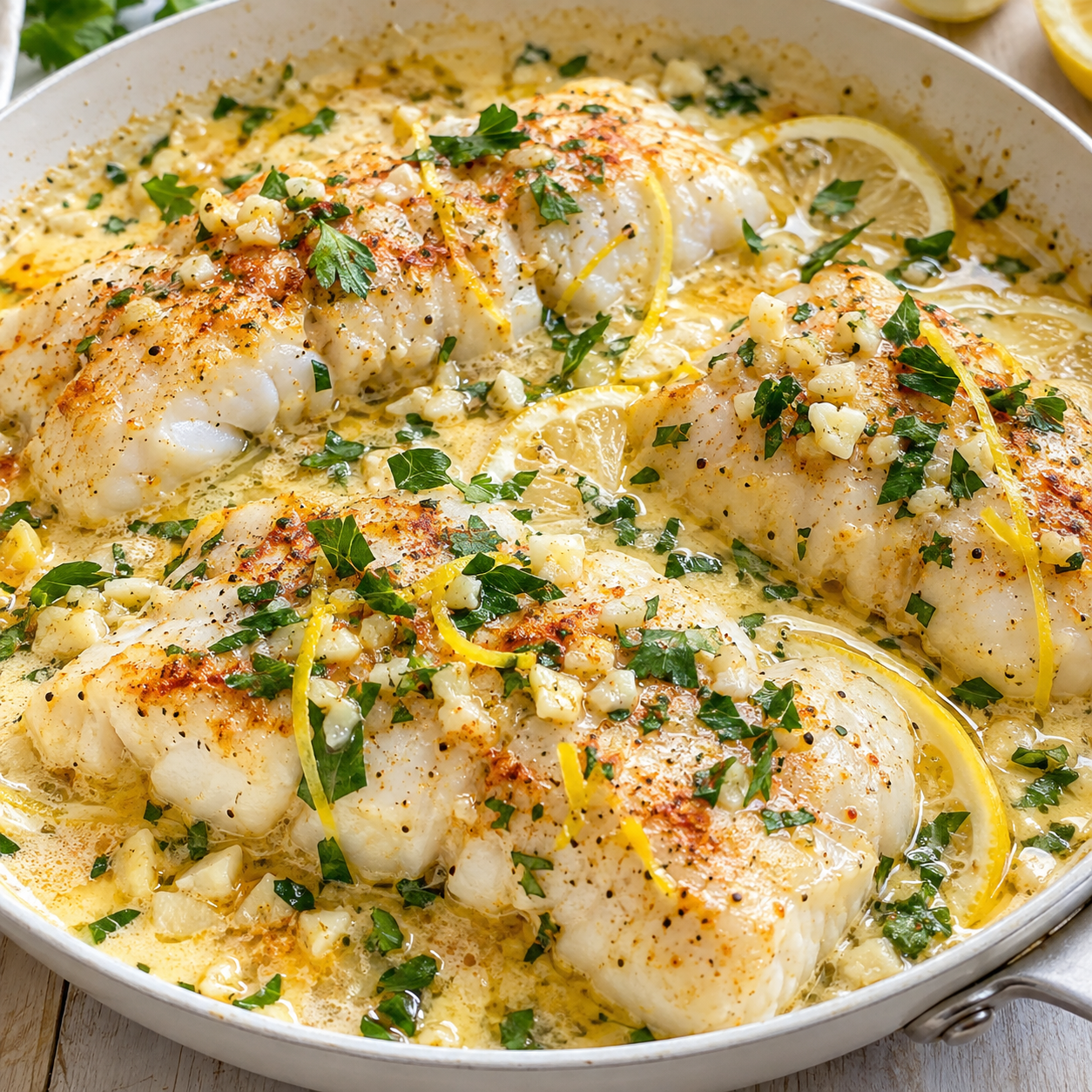 Fischfilets in cremiger Zitronen-Knoblauch-Buttersoße mit Petersilie