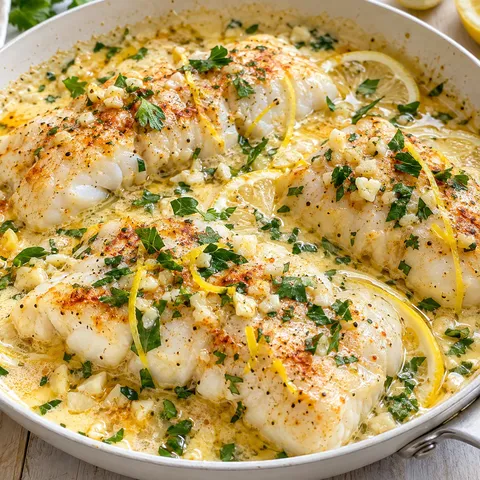 Fischfilets in cremiger Zitronen-Knoblauch-Buttersoße mit Petersilie