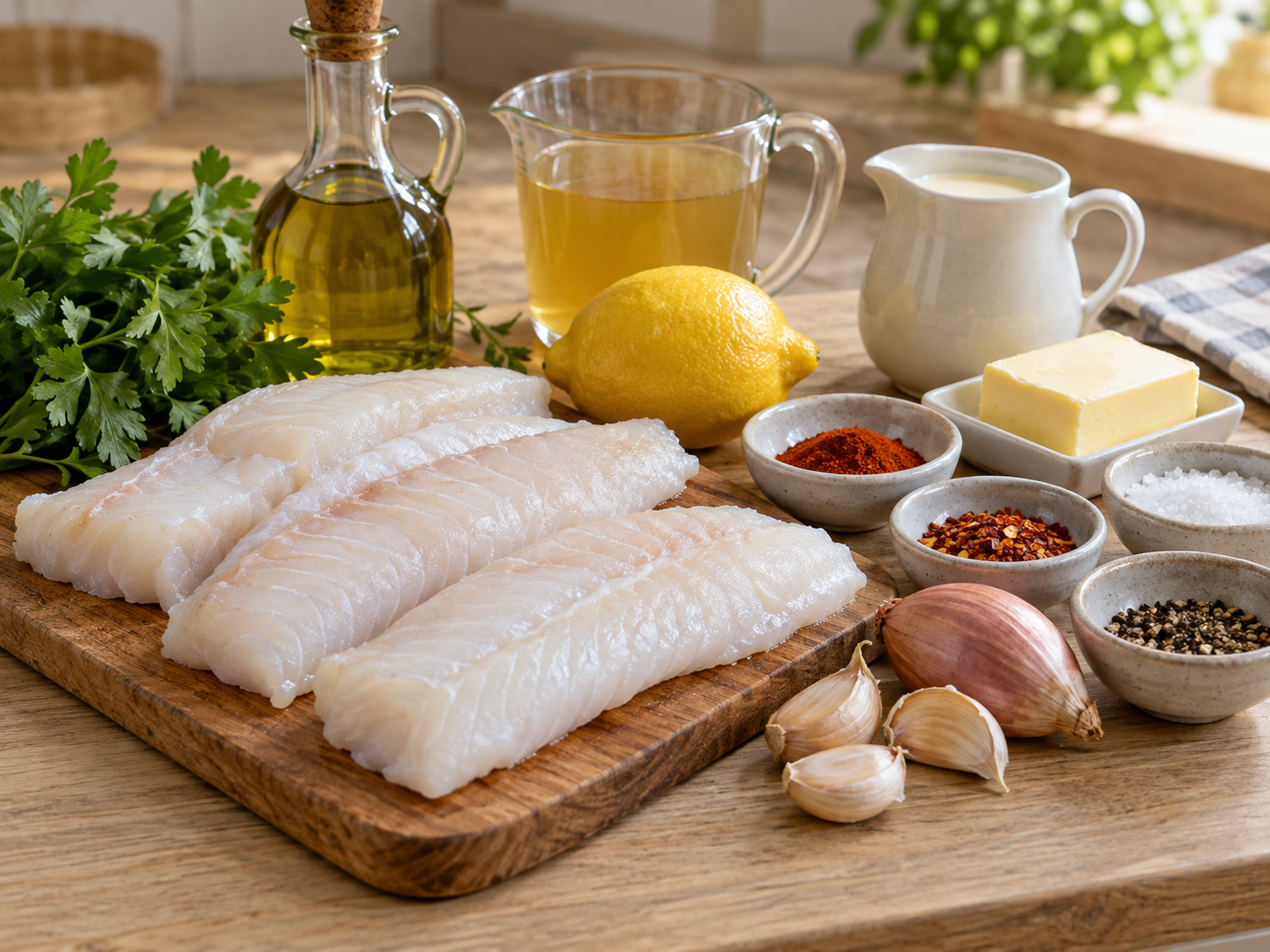 Zutaten für Fisch in Zitronen-Knoblauch-Buttersoße auf hellem Holz