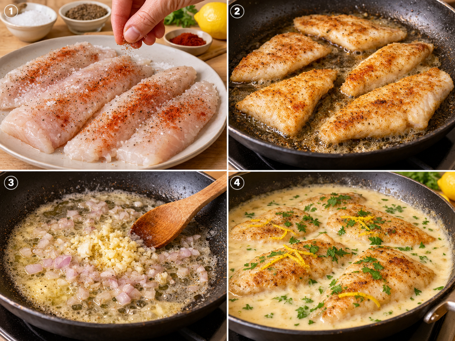 Vier Schritte für Fischfilets in cremiger Zitronen-Knoblauch-Soße