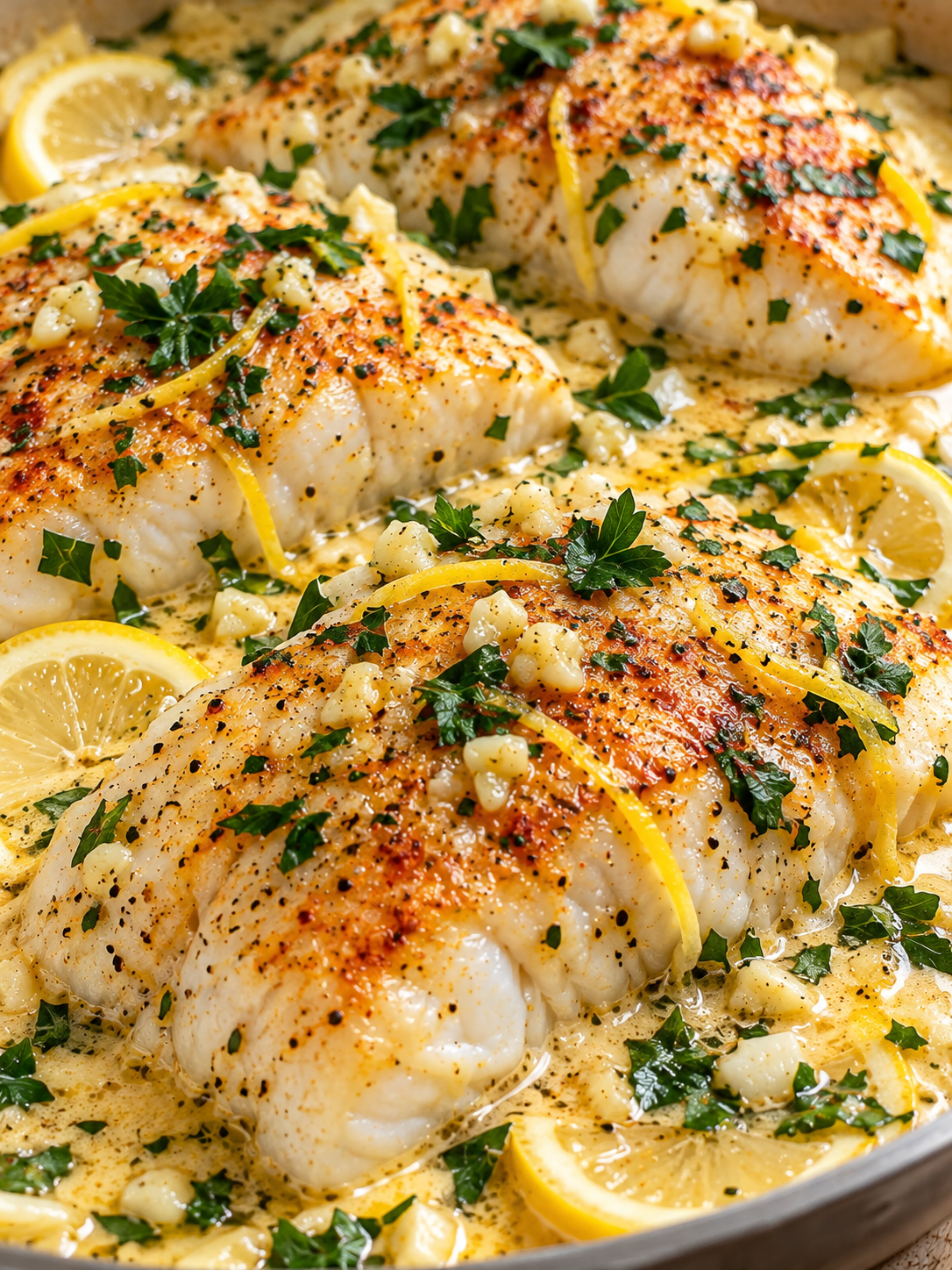 Cremiger Zitronen-Knoblauch-Fisch mit Petersilie in heller Soße