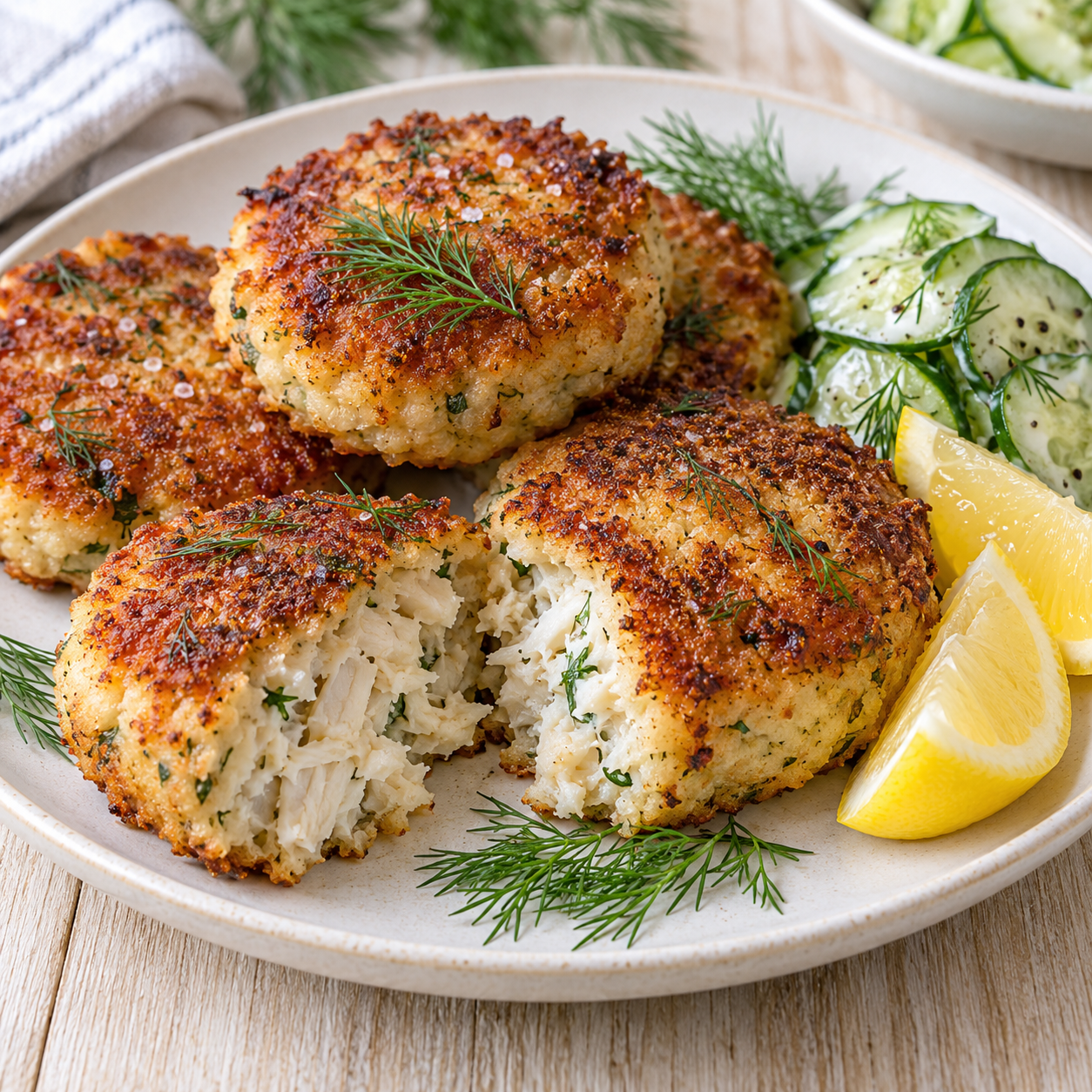 Goldbraune Fischfrikadellen mit Dill, Zitrone und Gurkensalat