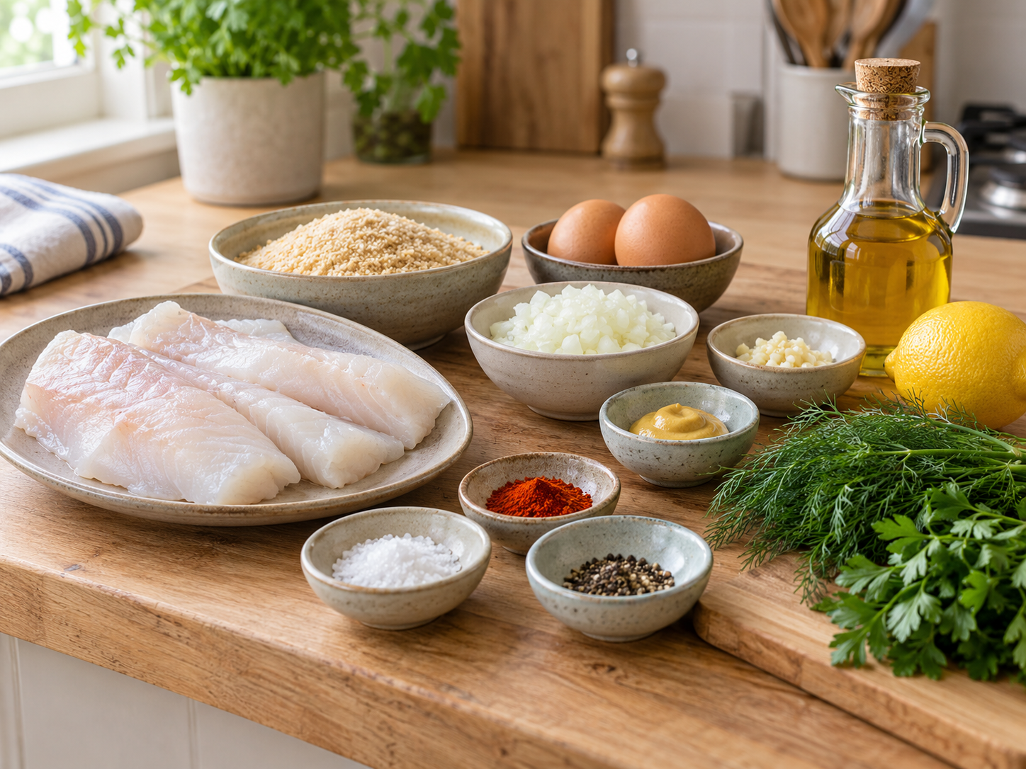 Zutaten für Fischfrikadellen mit Fischfilet, Kräutern und Zitrone
