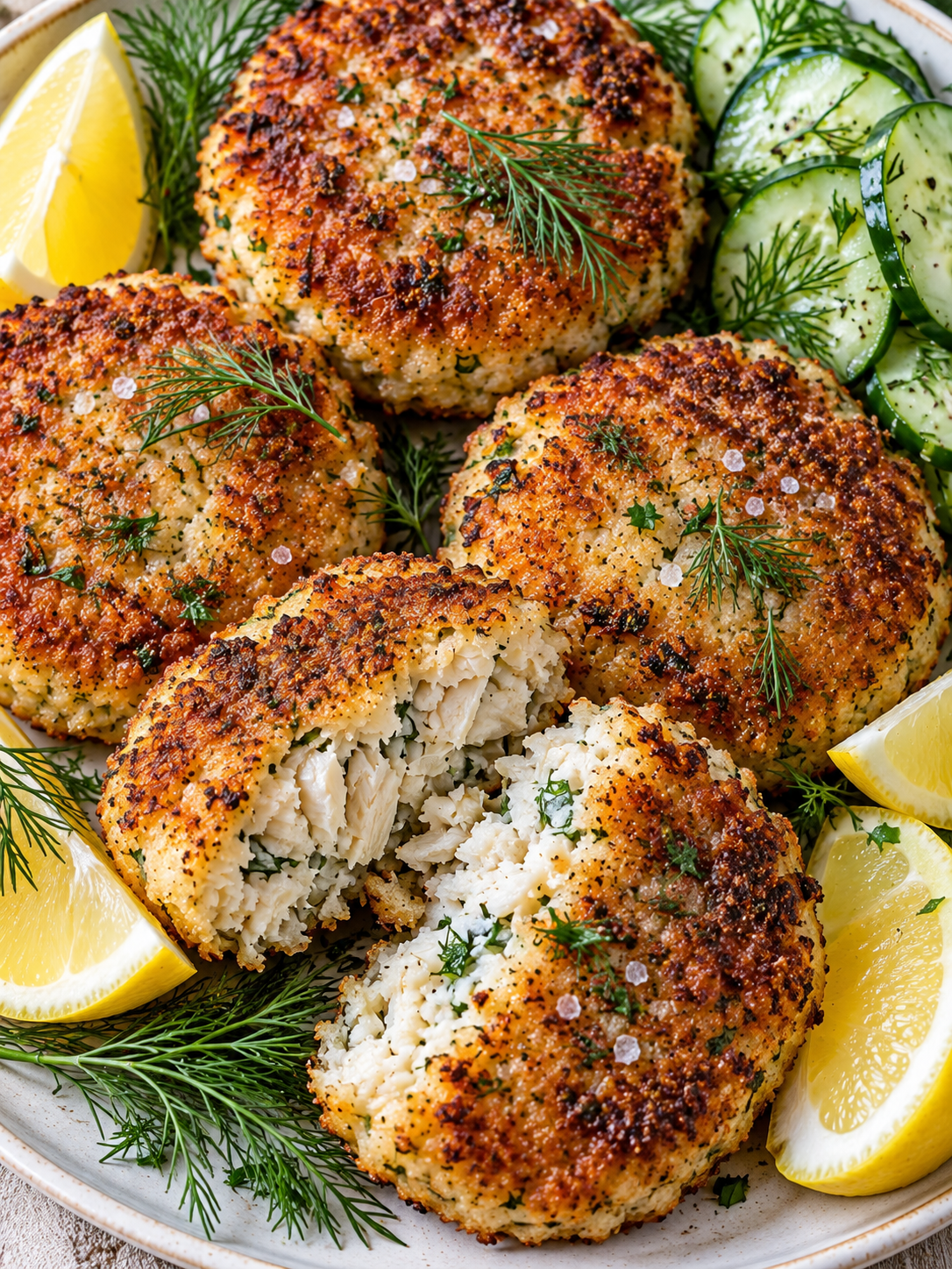 Fischfrikadellen von oben mit Zitrone, Dill und saftiger Fischmitte
