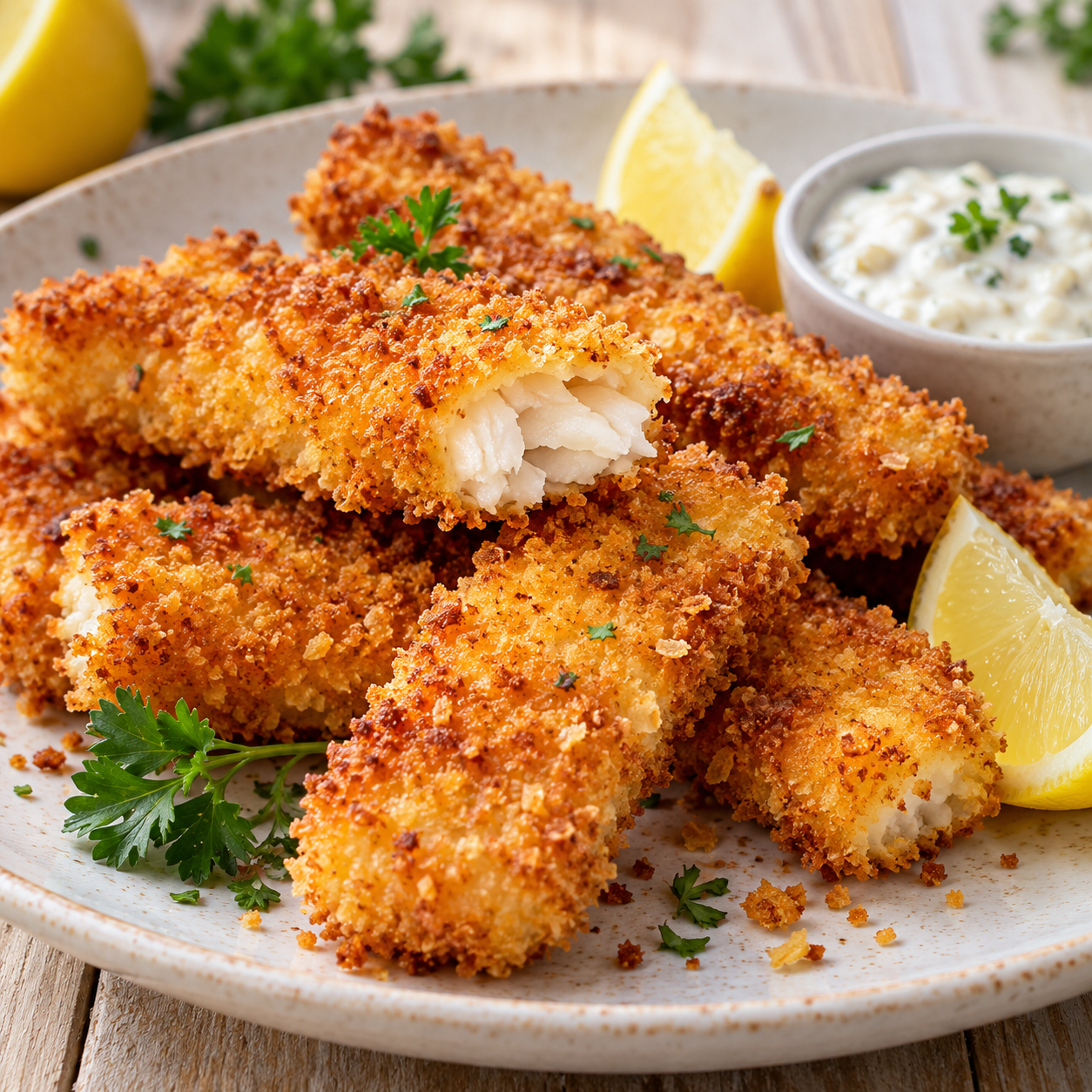 Goldbraune hausgemachte Fischstäbchen mit Zitrone und Remoulade