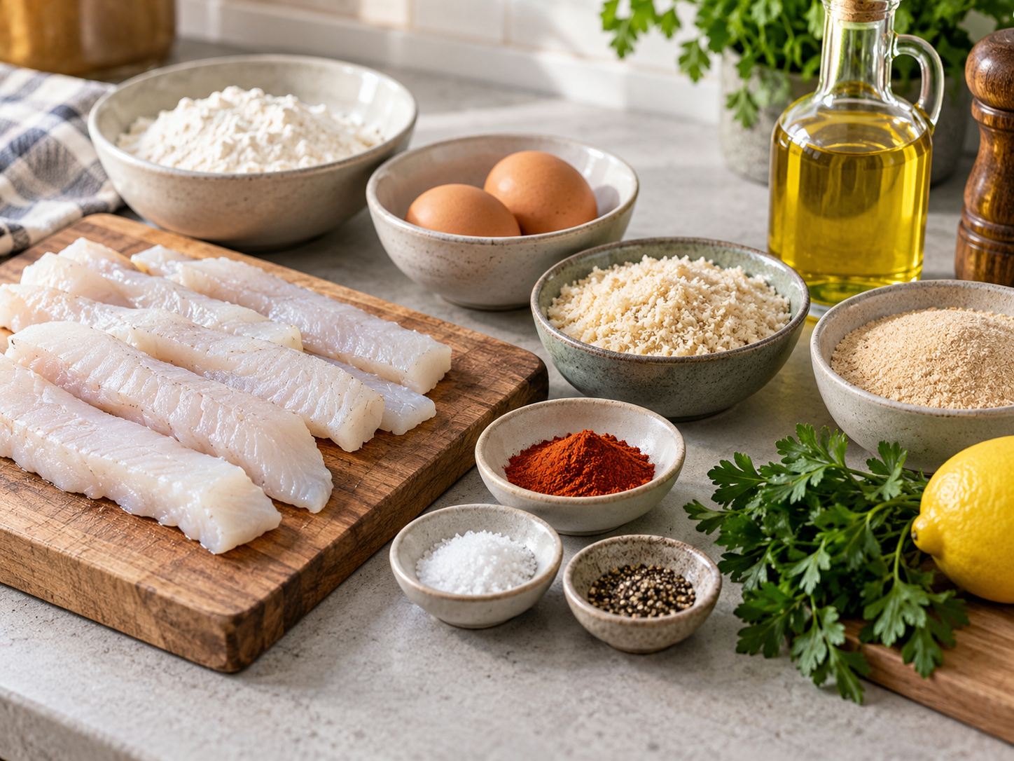 Zutaten für hausgemachte Fischstäbchen mit Kabeljau und Panade