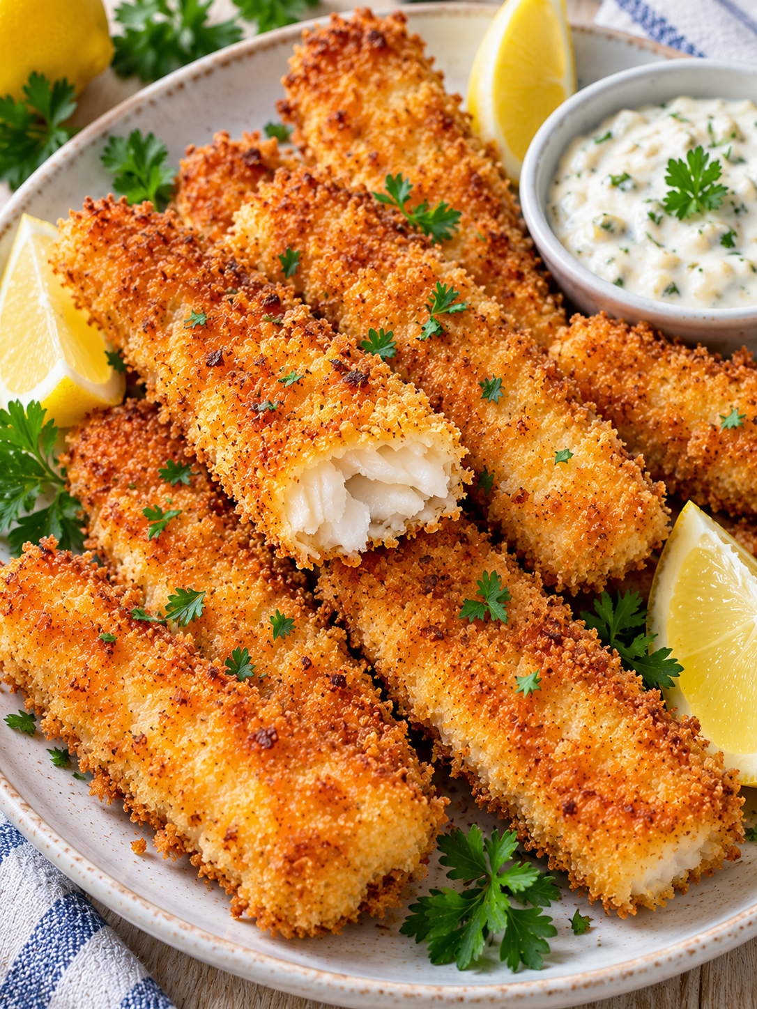 Hausgemachte Fischstäbchen mit Zitrone, Petersilie und Remoulade