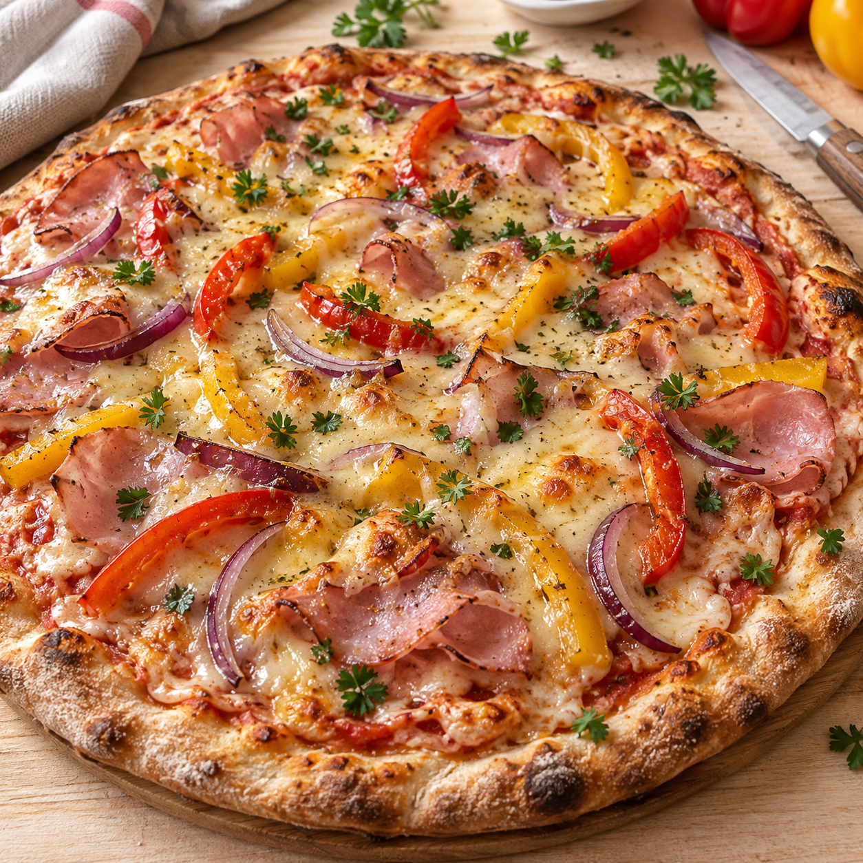 Fladenbrot-Pizza mit Schinken, Paprika, Gouda und Petersilie