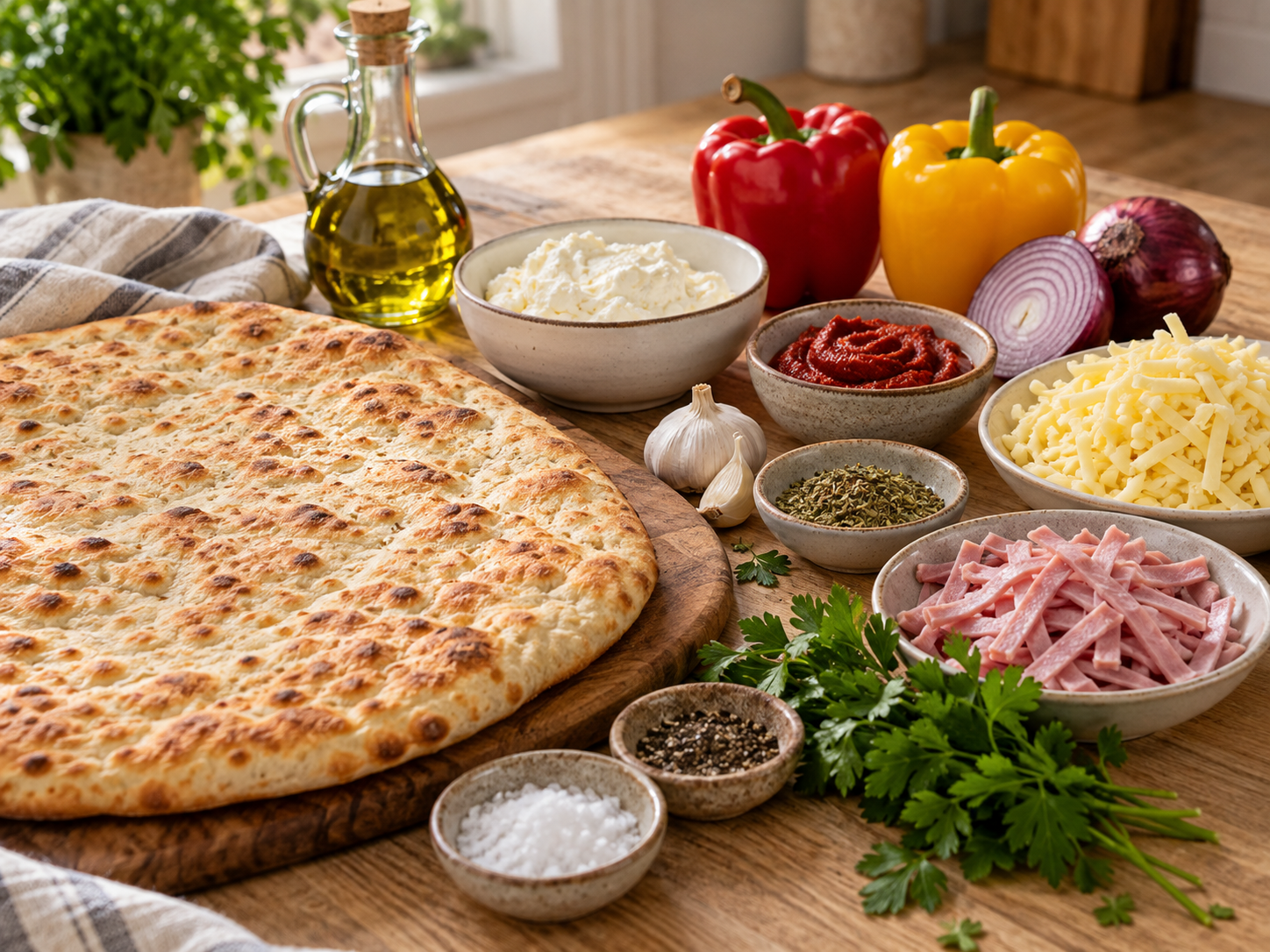 Zutaten für Fladenbrot-Pizza mit Paprika, Schinken und Gouda