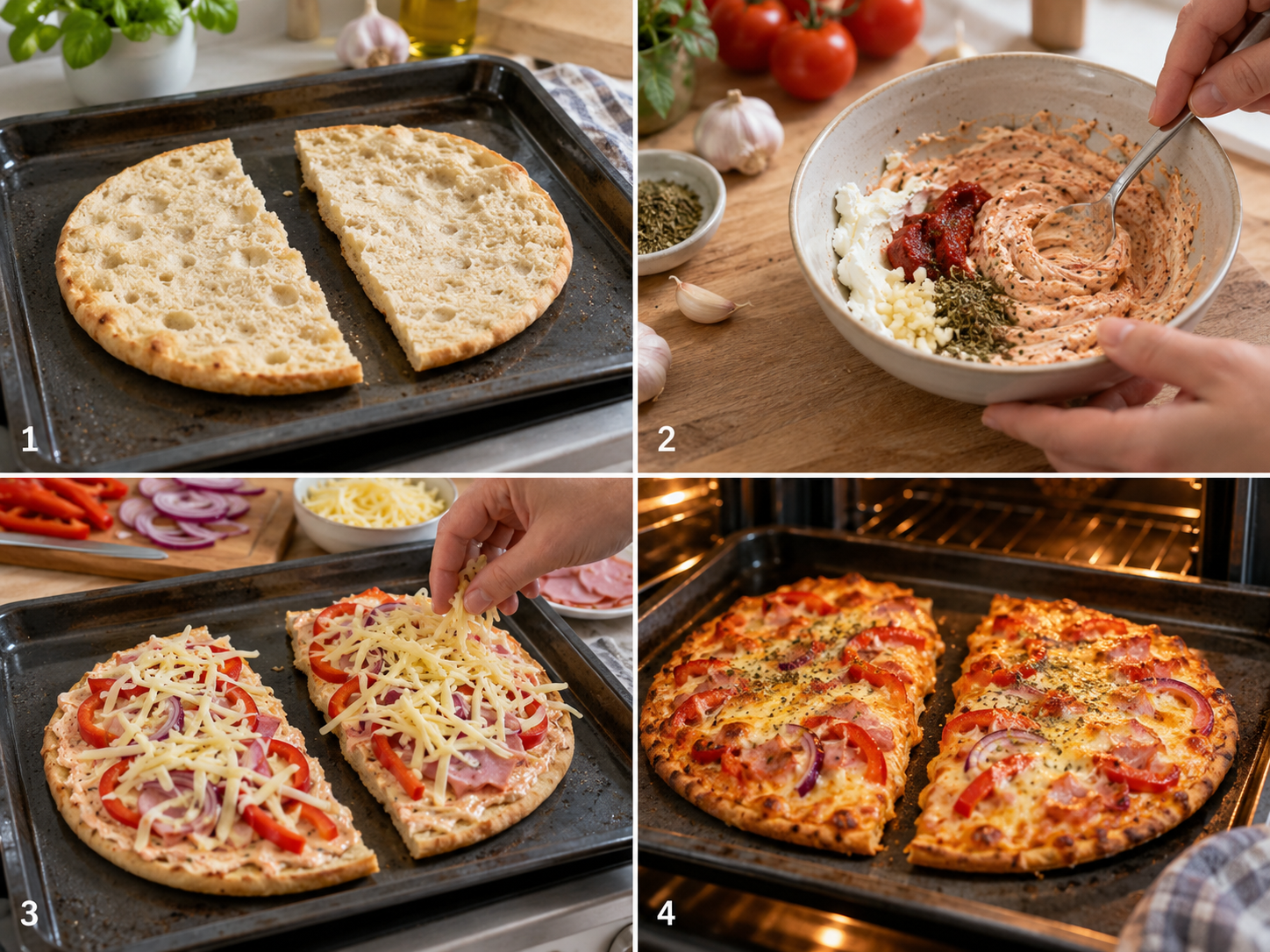 Vier Schritte zur Fladenbrot-Pizza vom Vorbacken bis zum fertigen Blech