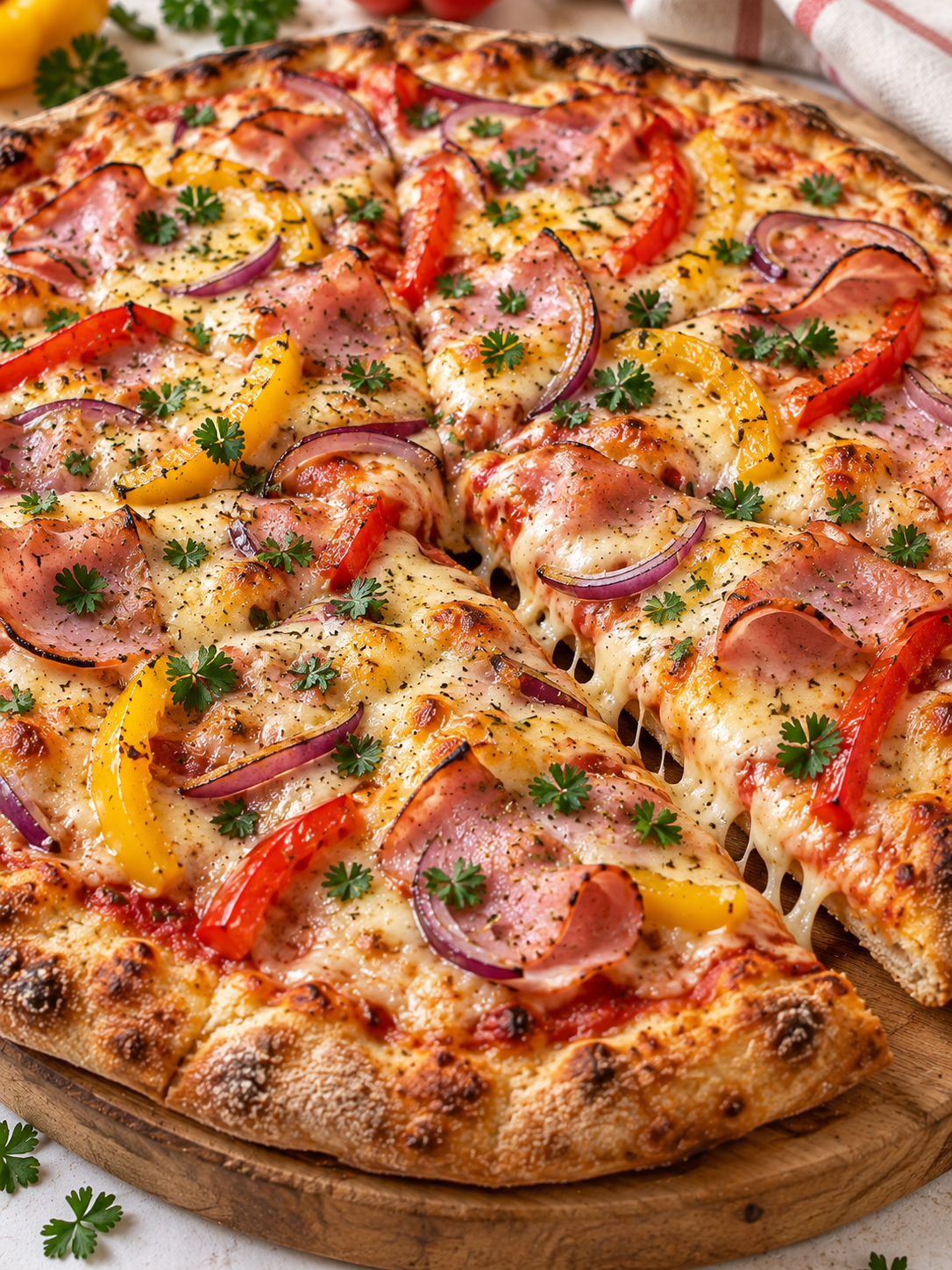 Fladenbrot-Pizza mit geschmolzenem Gouda, Paprika und Schinken