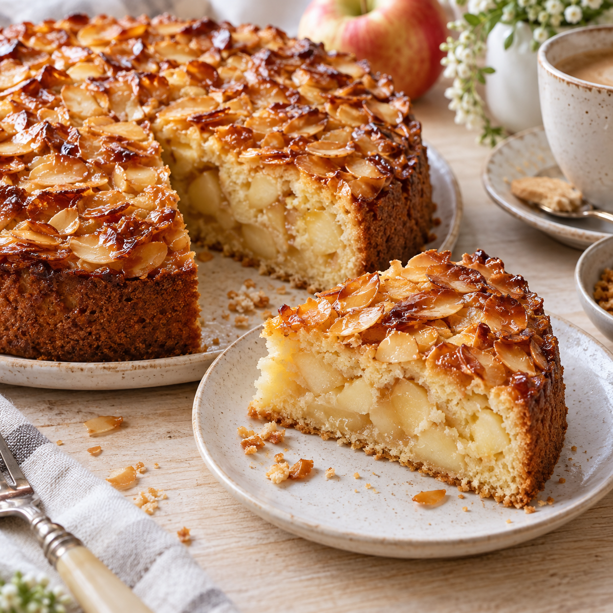 Florentiner Apfelkuchen mit goldbrauner Mandelkruste und Apfelstücken