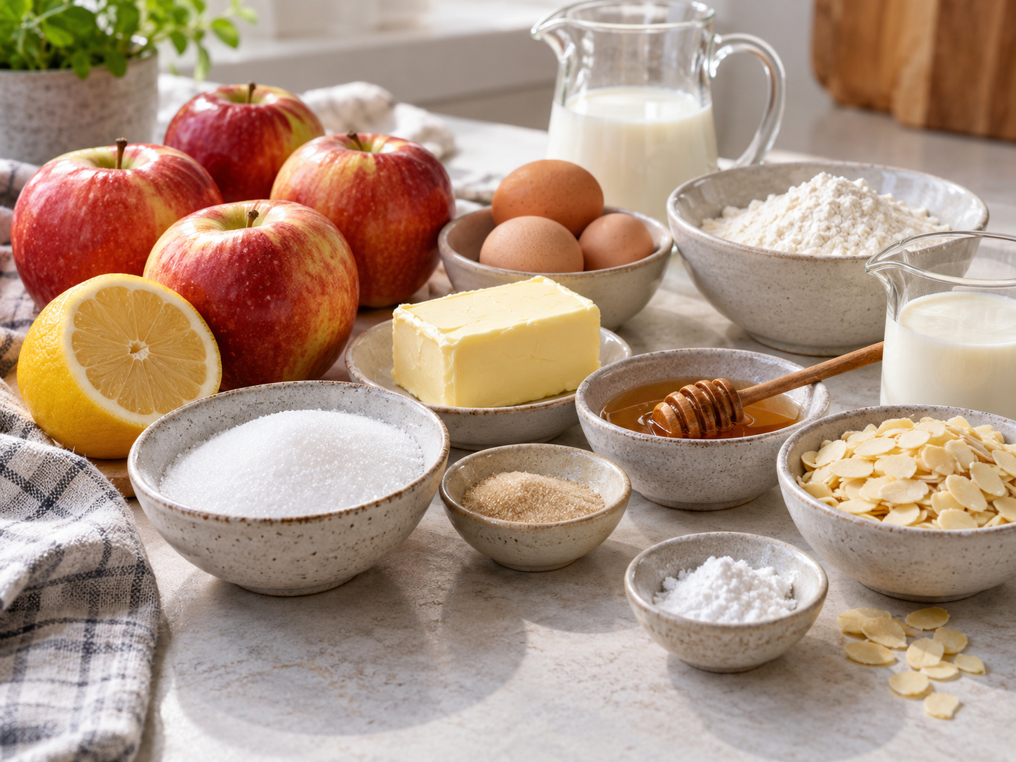 Zutaten für Apfelkuchen mit Mandeln, Honig, Sahne und Äpfeln