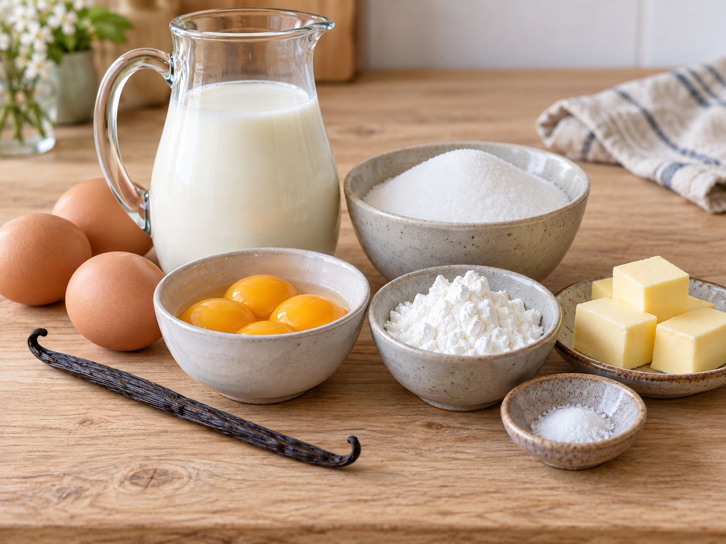 Zutaten für französische Vanillecreme mit Milch, Eigelb, Butter und Vanille